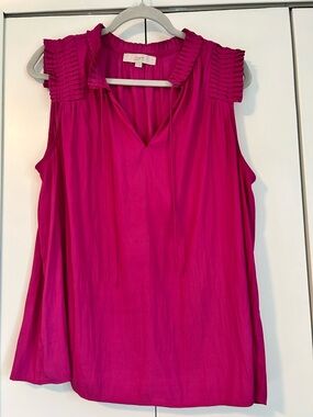 LOFT Bright Pink Sleeveless Pleated Blouse | Ruffle Neck Top